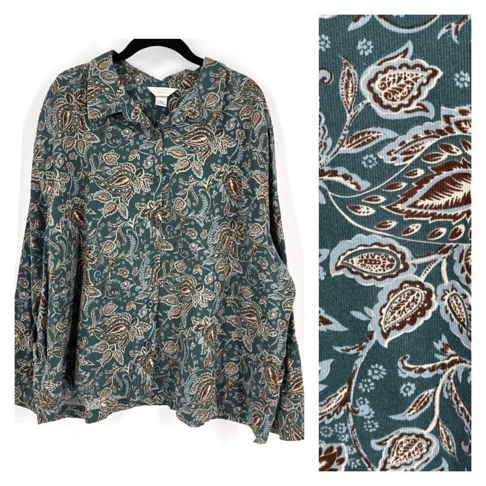 CJ Banks Women's Floral Paisley Print Button Front Shirt Green Brown‎ Size 3X